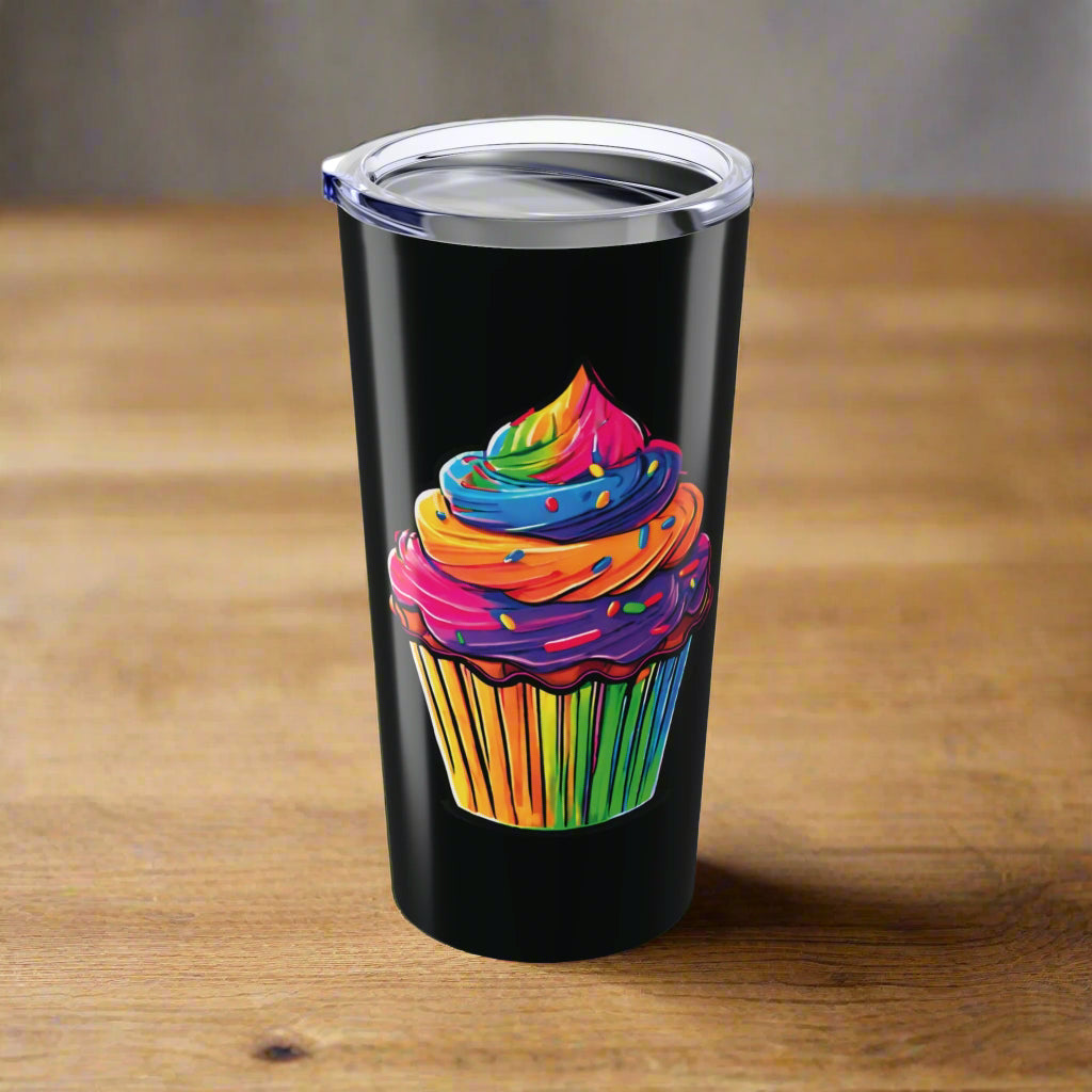 Large Colorful Cupcakes on Black Tumbler 20oz Dishwasher Safe