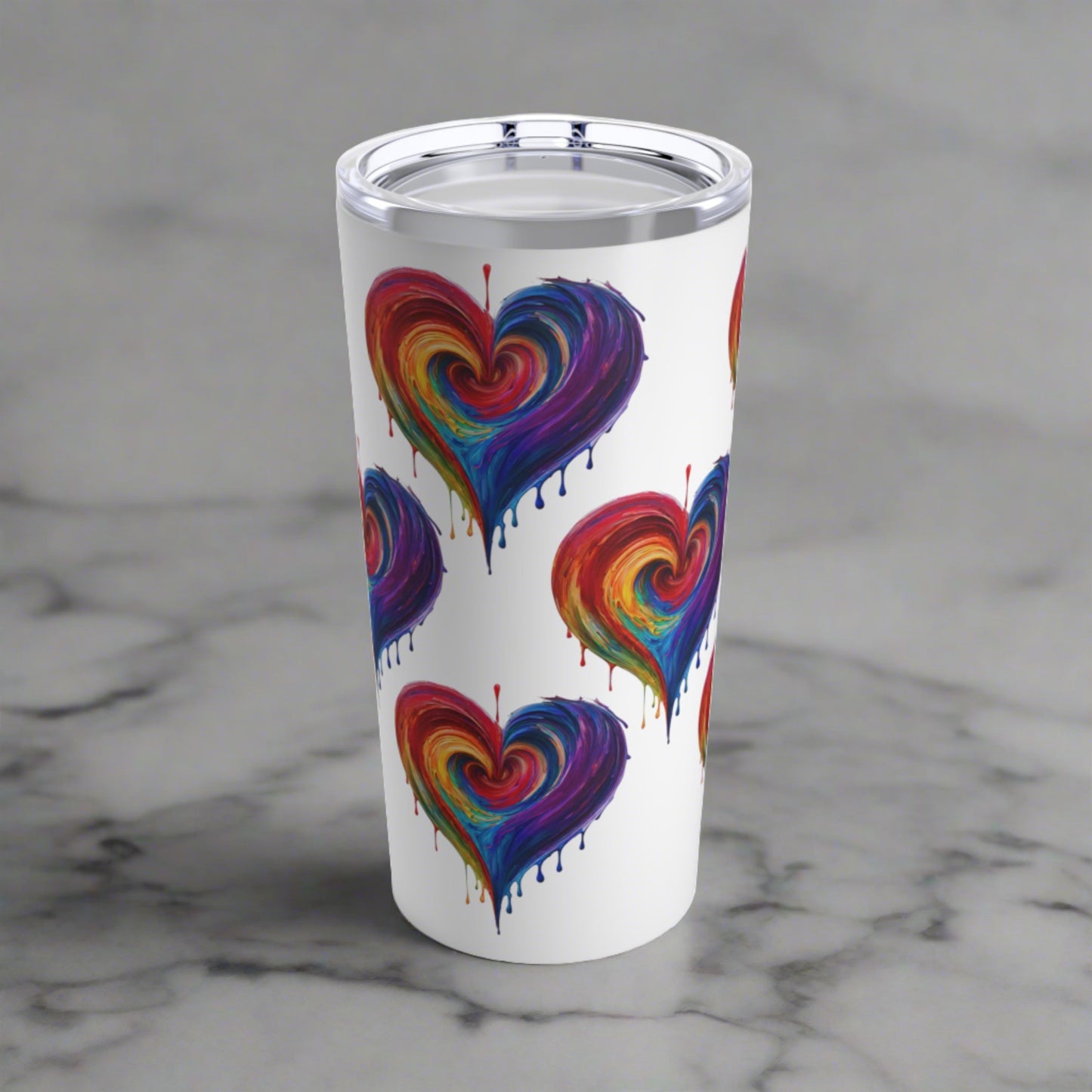 Rainbow Heart Bleeding Colors Tumbler in White 20oz Dishwasher Safe