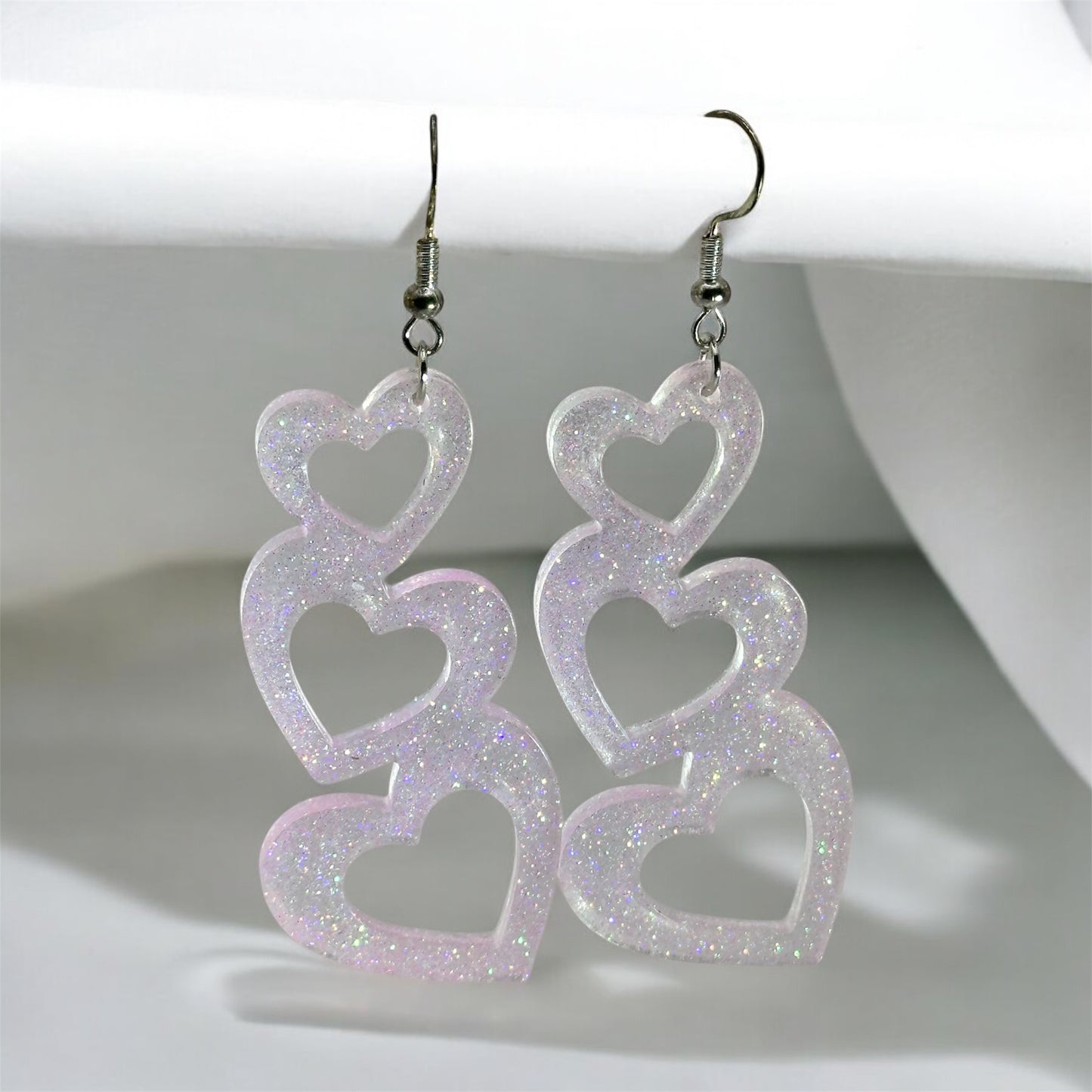 Handmade Triple Pink Glitter Hearts Dangle Earrings