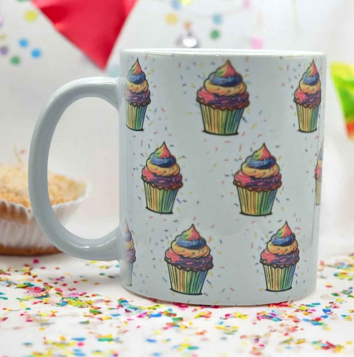 11oz White Mug with Diagonal Cupcakes and Sprinkles