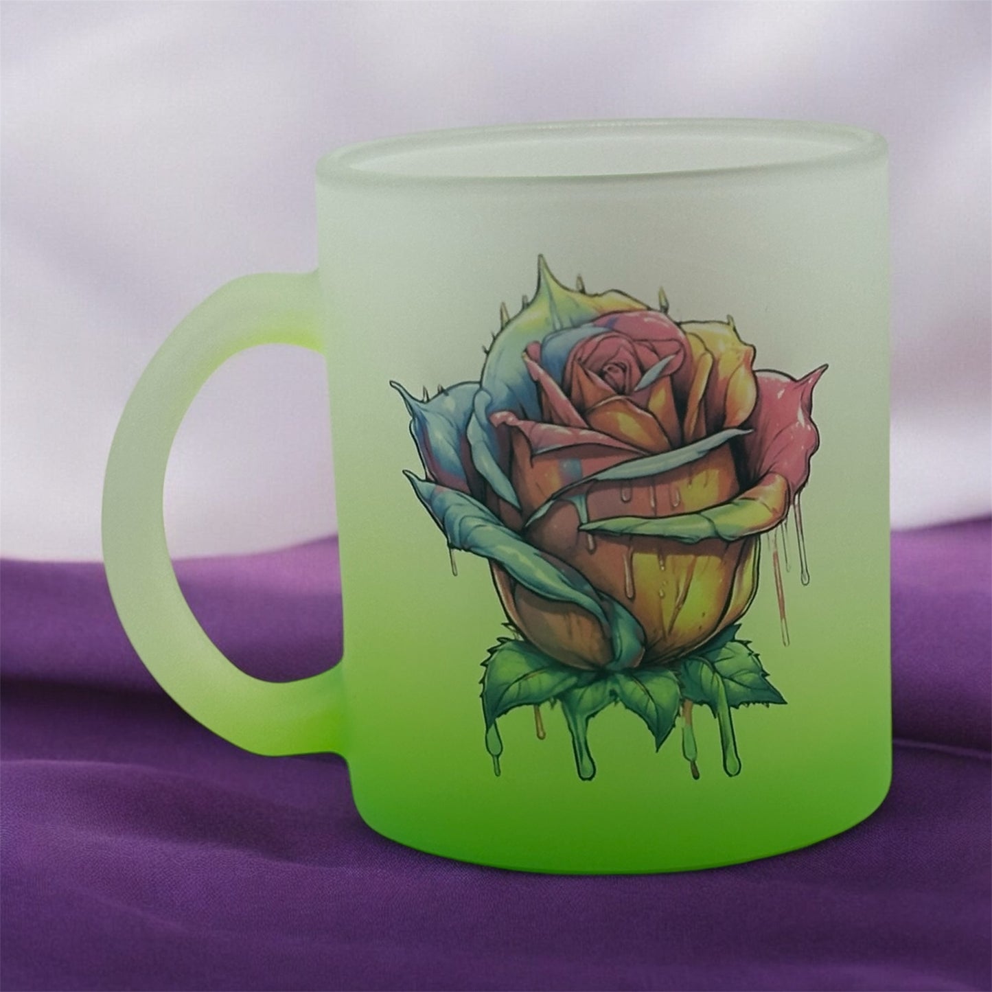 11oz Gradient Green Frosted Glass Mug with Colorful Dripping Rose