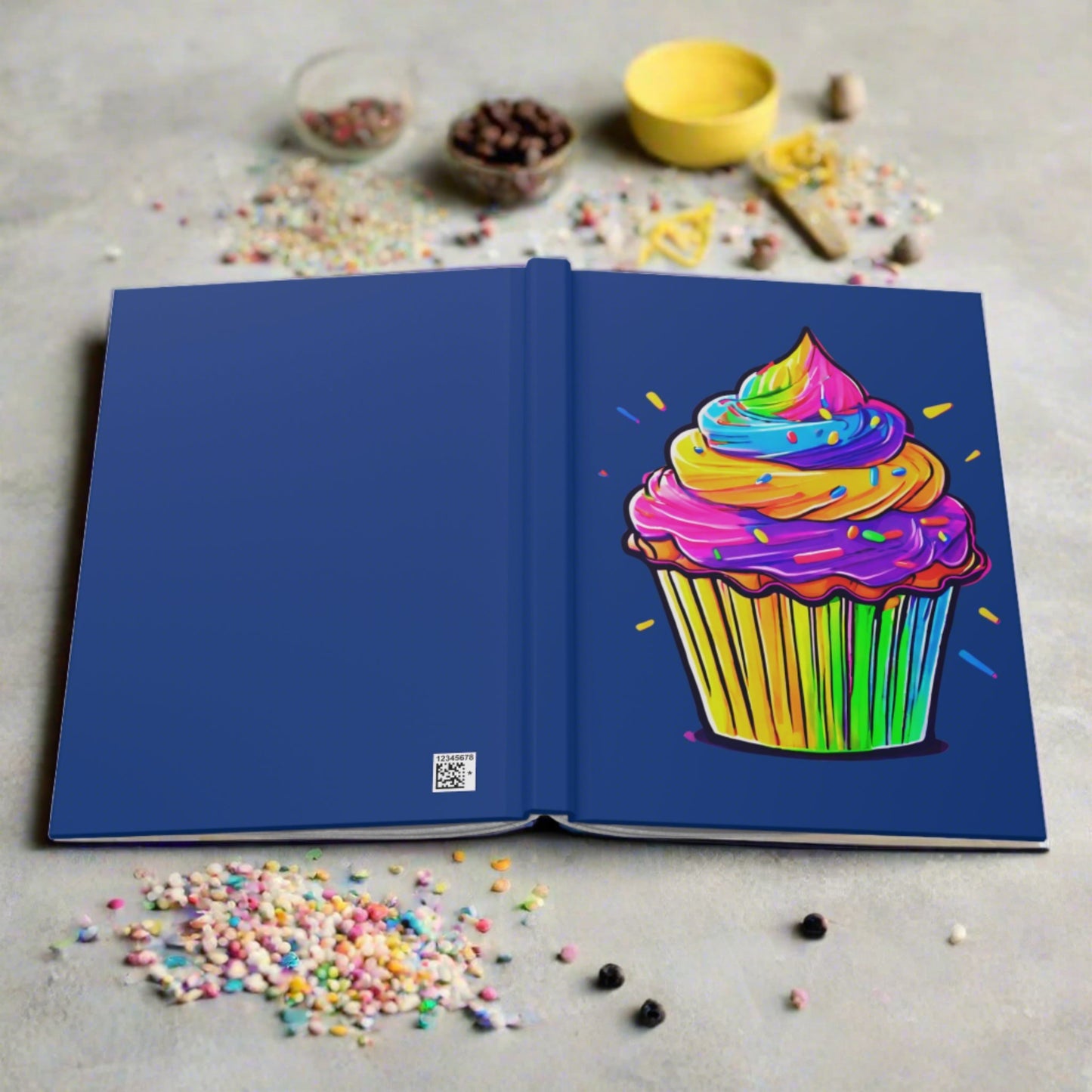 Neon Cupcake on Dark Blue Hardcover Journal Matte