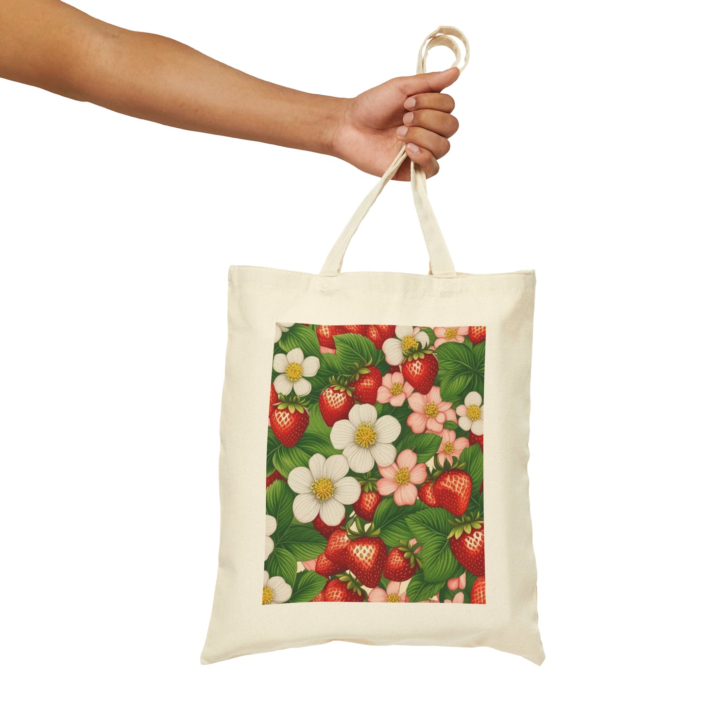 Strawberry Dreams Print on Front of Cotton Canvas Tote Bag