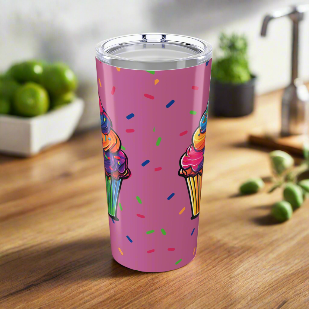 Large Colorful Cupcakes with Sprinkles on Light Pink Tumbler 20oz Dishwasher Safe