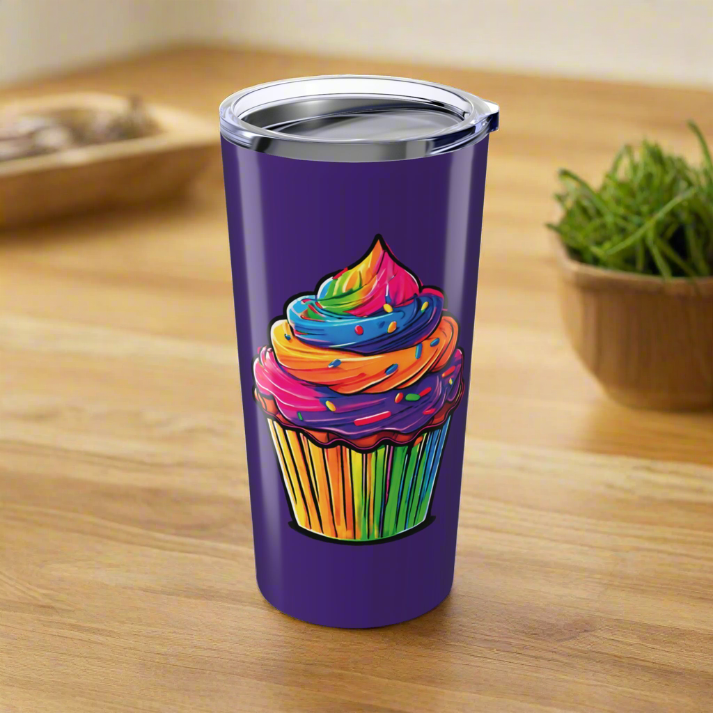 Large Colorful Cupcakes on Dark Purple Tumbler 20oz Dishwasher Safe