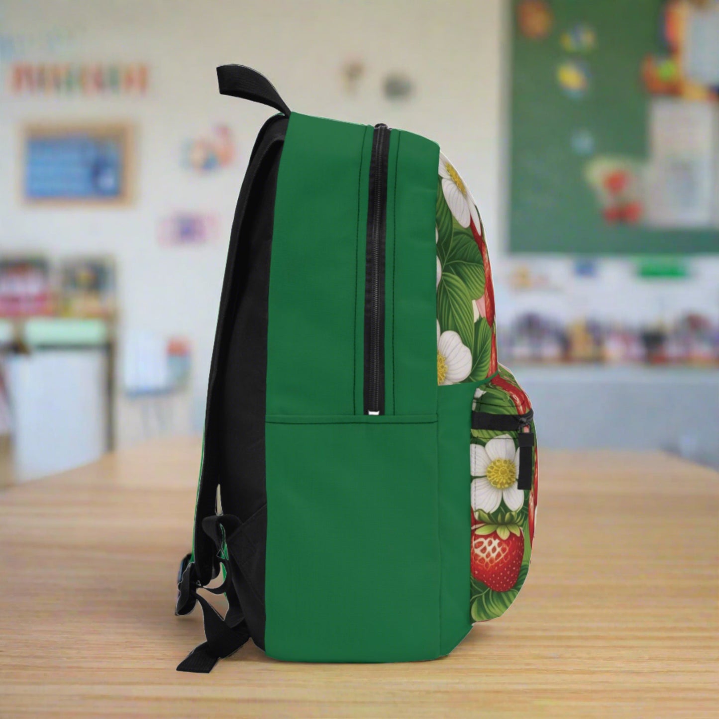Green Backpack with Strawberries and Flowers