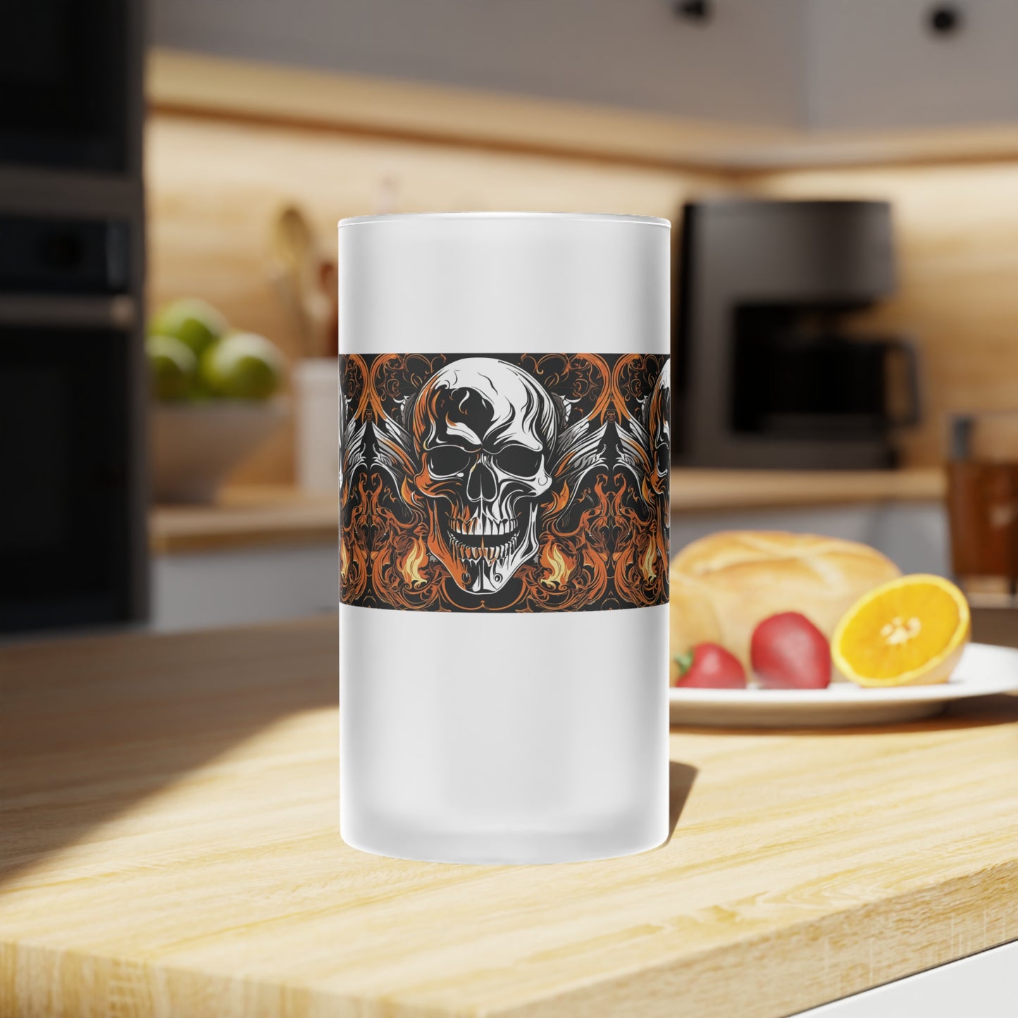 Flaming Skull Frosted Glass Beer Mug