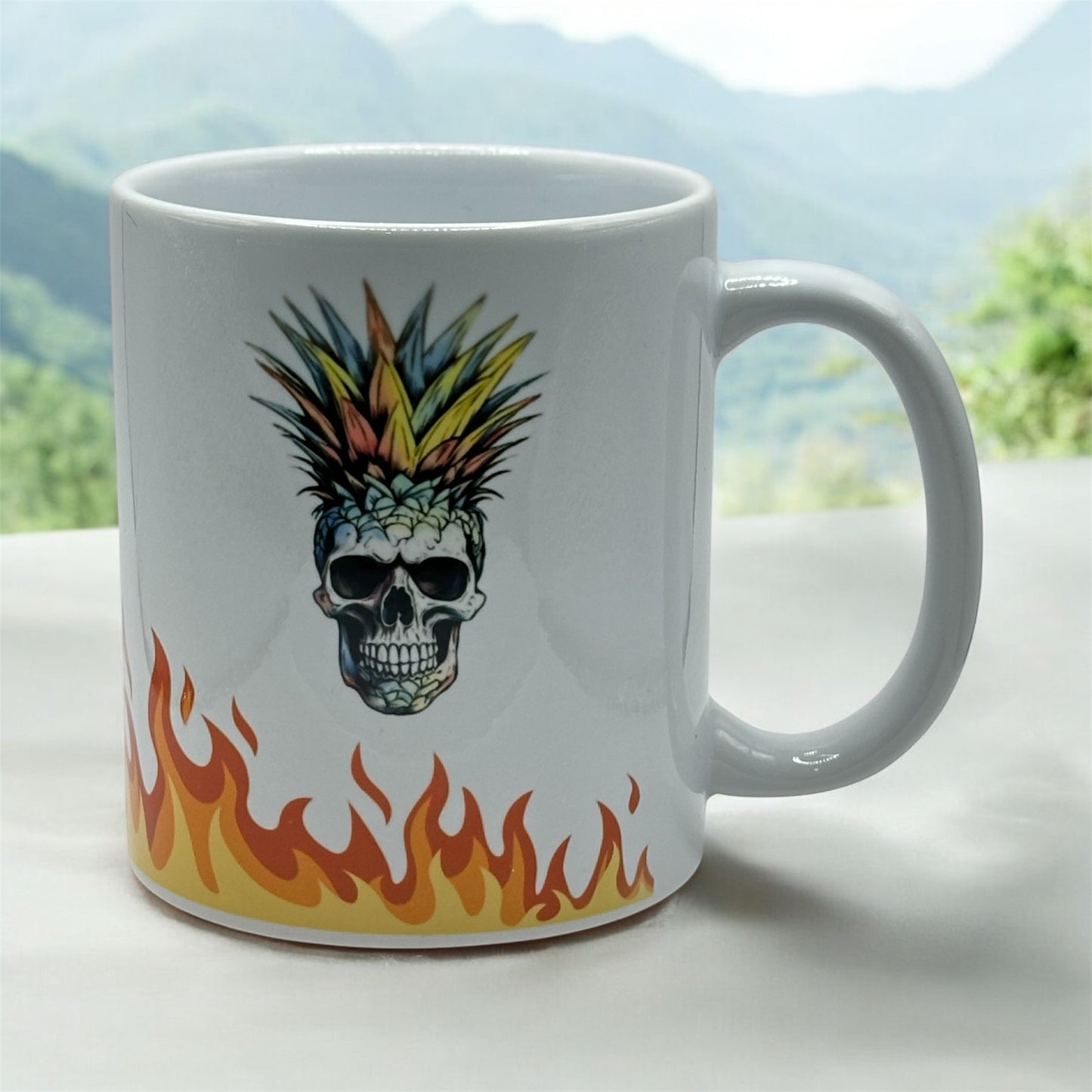 11oz White Ceramic Mug with Flames and Colorful Pineapple Skulls