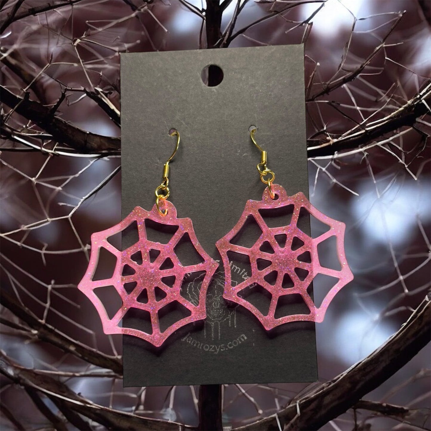 Hot Pink "Hallow"-Graphic Glitter Spiderweb Earrings