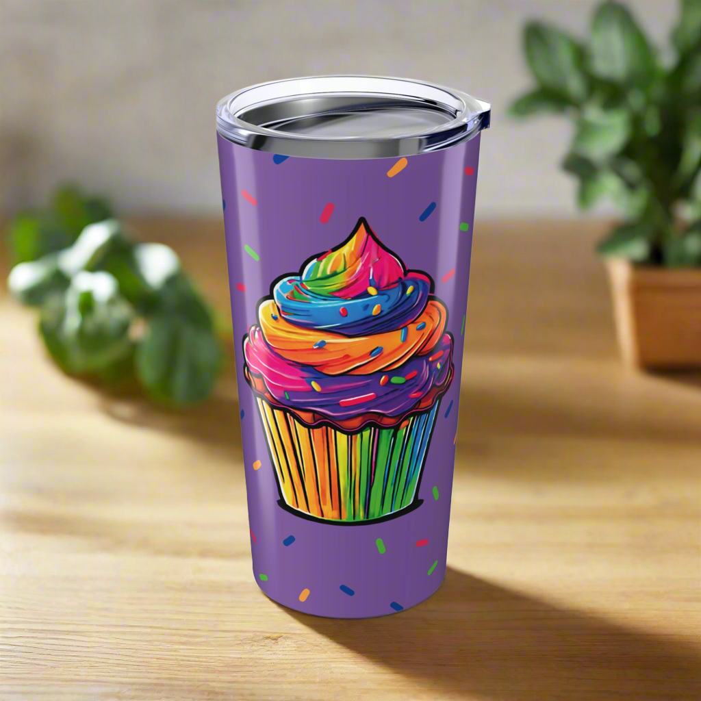Large Colorful Cupcakes with Sprinkles on Light Purple Tumbler 20oz Dishwasher Safe