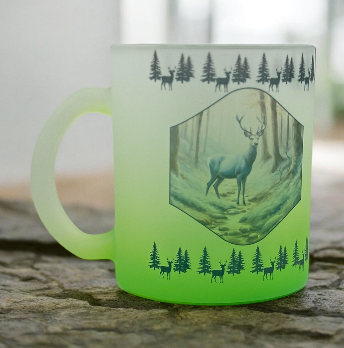 11oz Orange or Green Gradient Frosted Mug with Blue Deer and Border