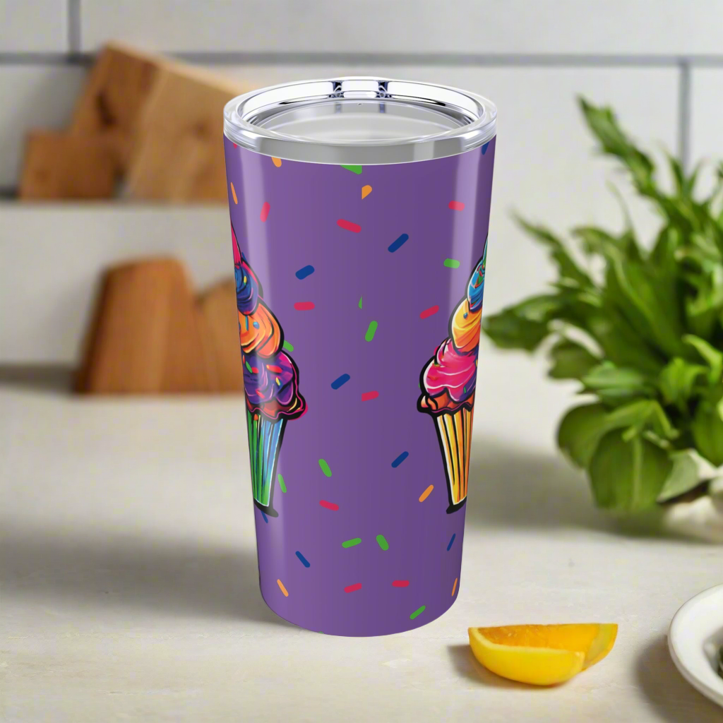 Large Colorful Cupcakes with Sprinkles on Light Purple Tumbler 20oz Dishwasher Safe