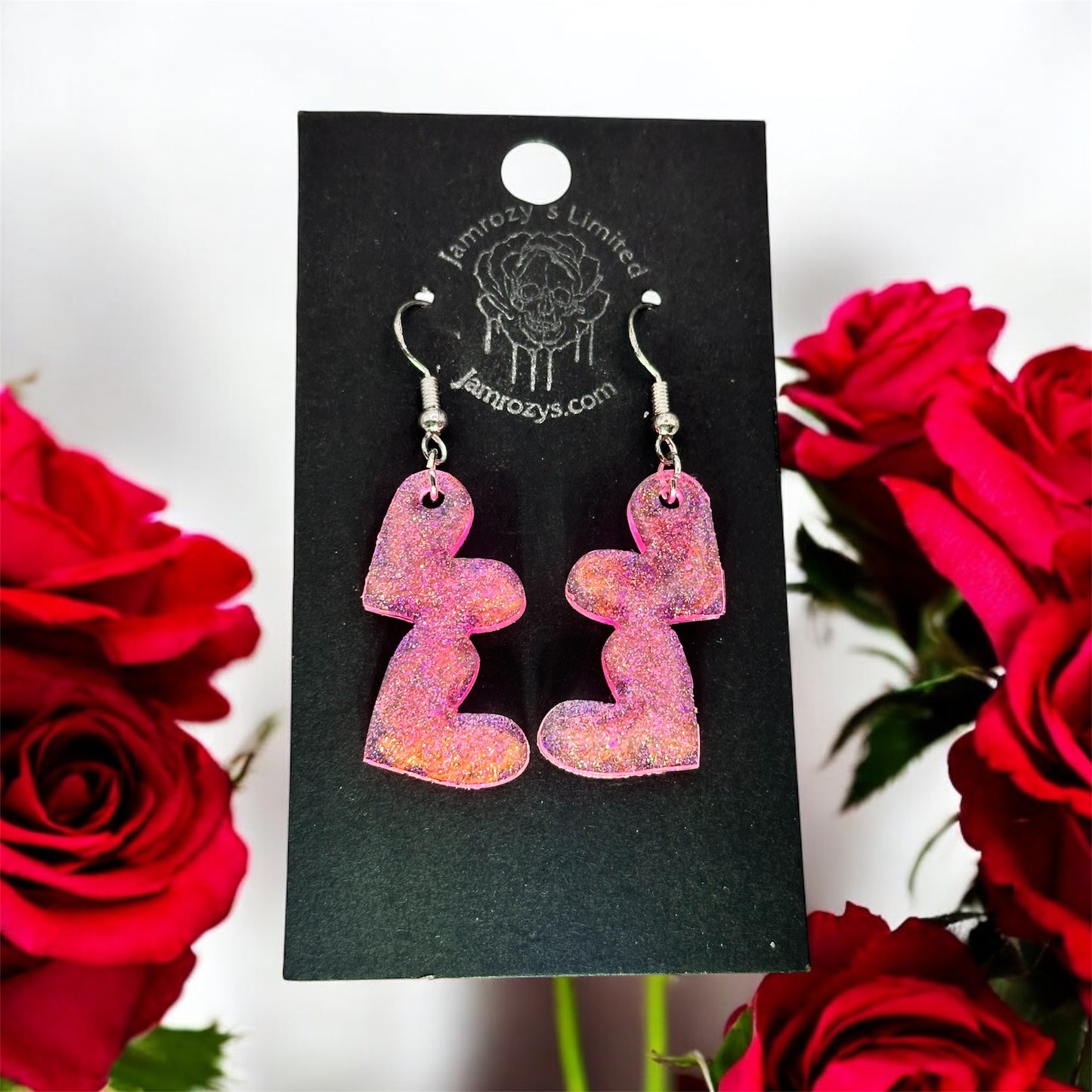 Handmade Double Pink Glitter Hearts Dangle Earrings