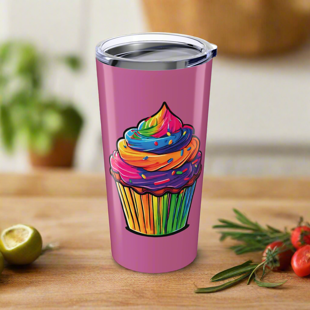 Large Colorful Cupcakes on Light Pink Tumbler 20oz Dishwasher Safe