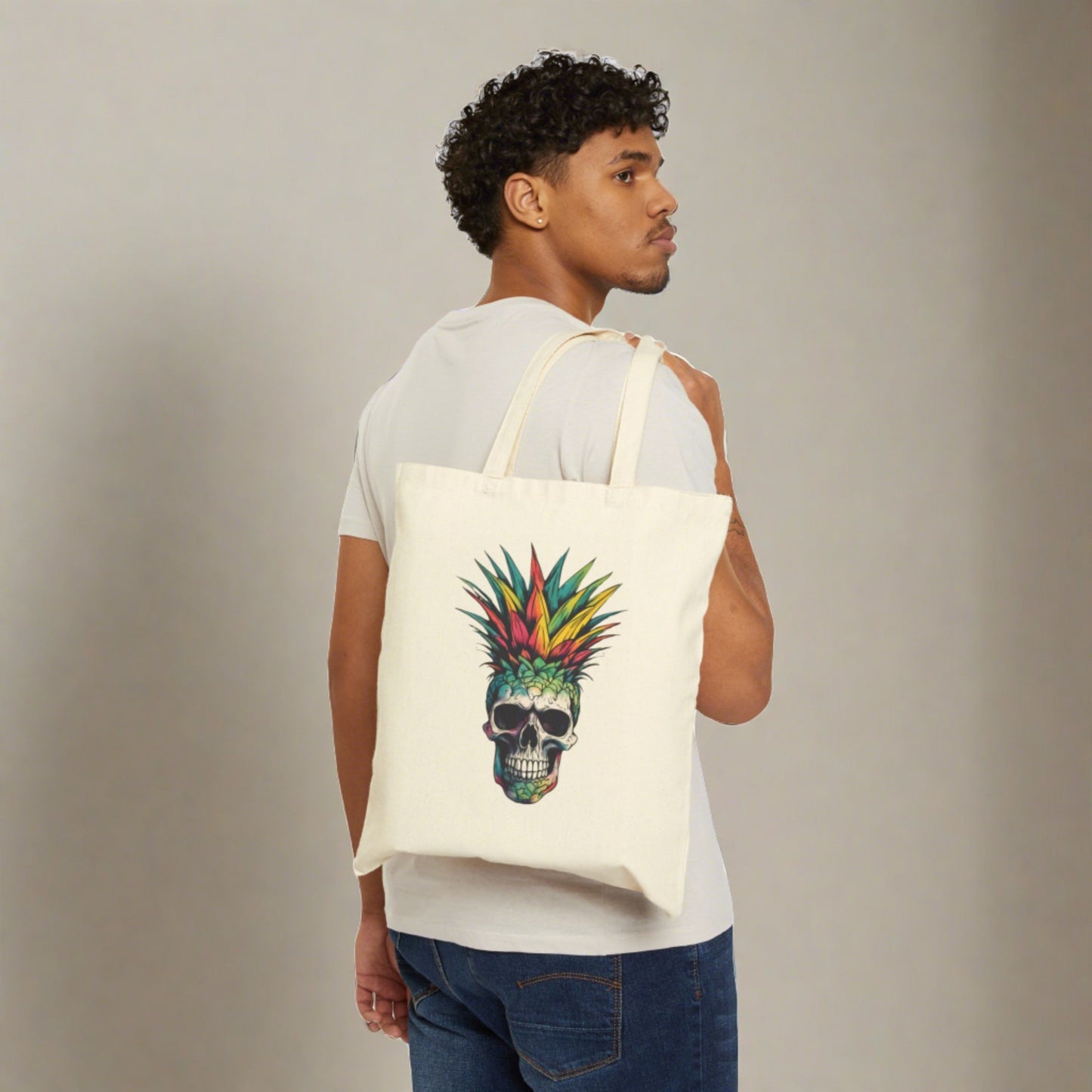 Unisex "Life's a Beach..." Cotton Canvas Tote Bag with Colorful Pineapple Skull