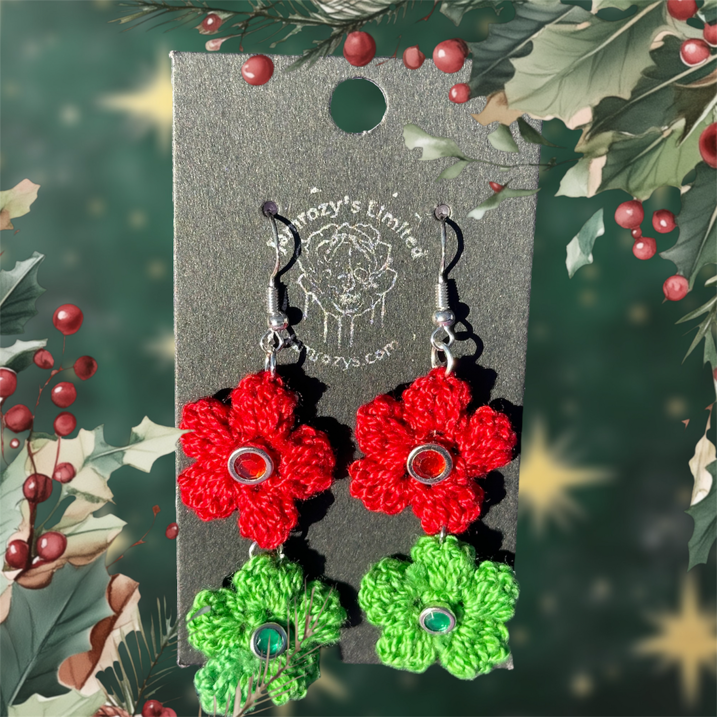 Handmade Red & Green Crocheted Flower Earrings with Jeweled Brads on Sterling silver Hooks