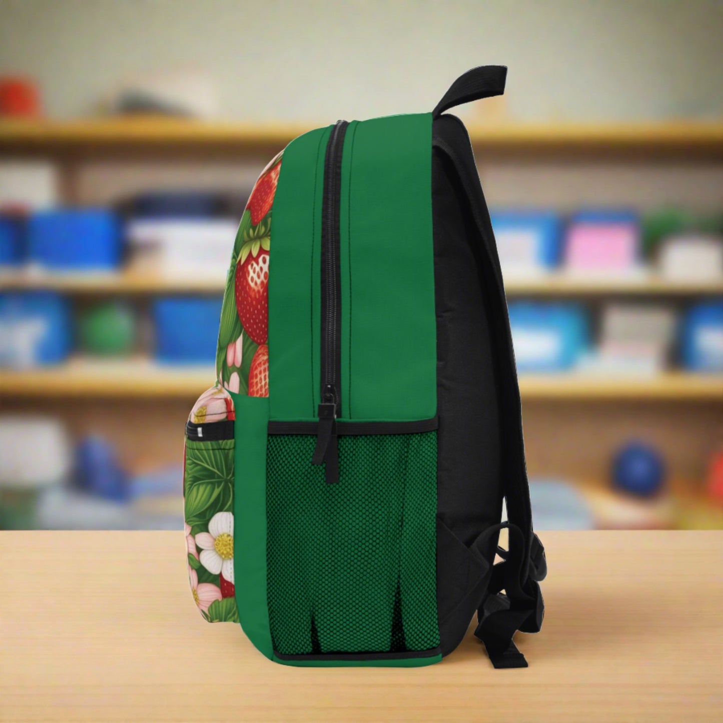 Green Backpack with Strawberries and Flowers