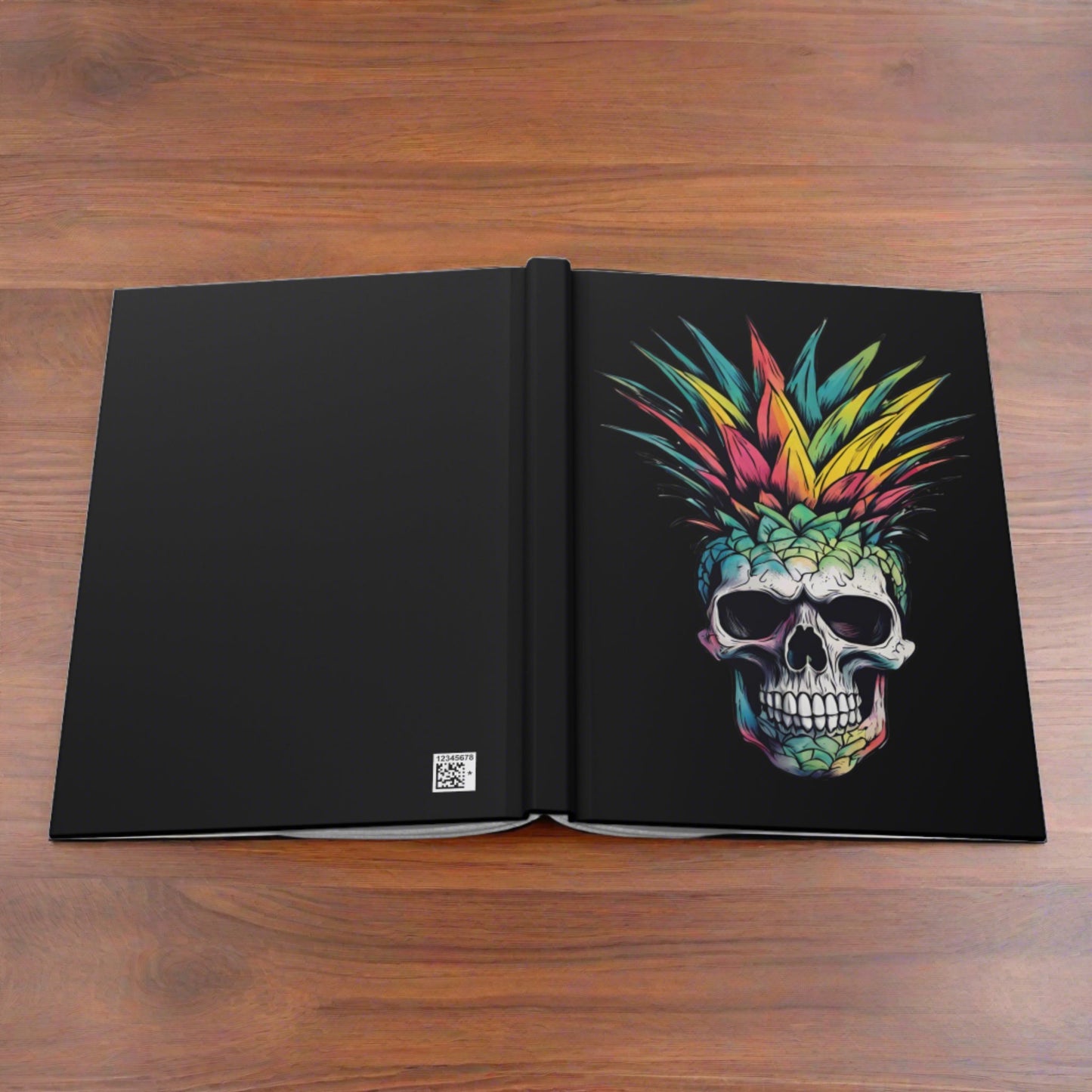 Colorful Pineapple Skull on Black Hardcover Journal Matte