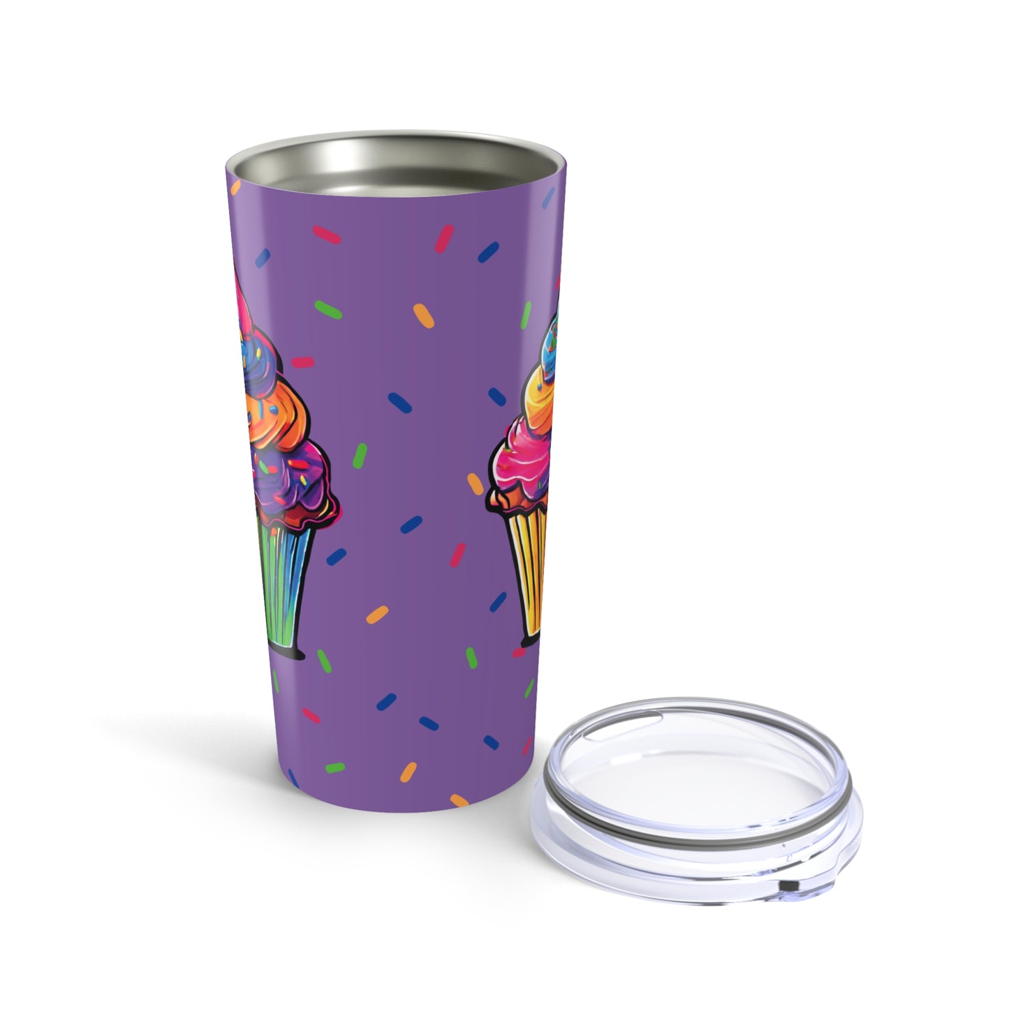 Large Colorful Cupcakes with Sprinkles on Light Purple Tumbler 20oz Dishwasher Safe