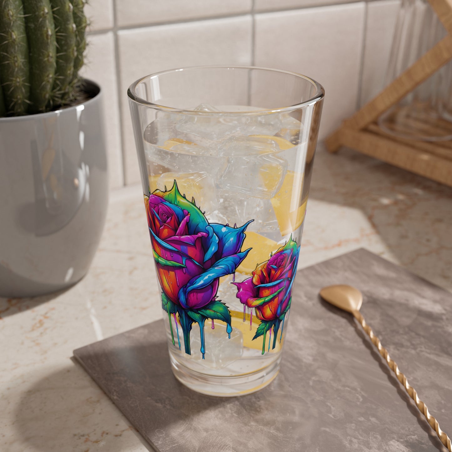 Rose Bleeding Colors Mixing Glass, 16oz, Pint Glass