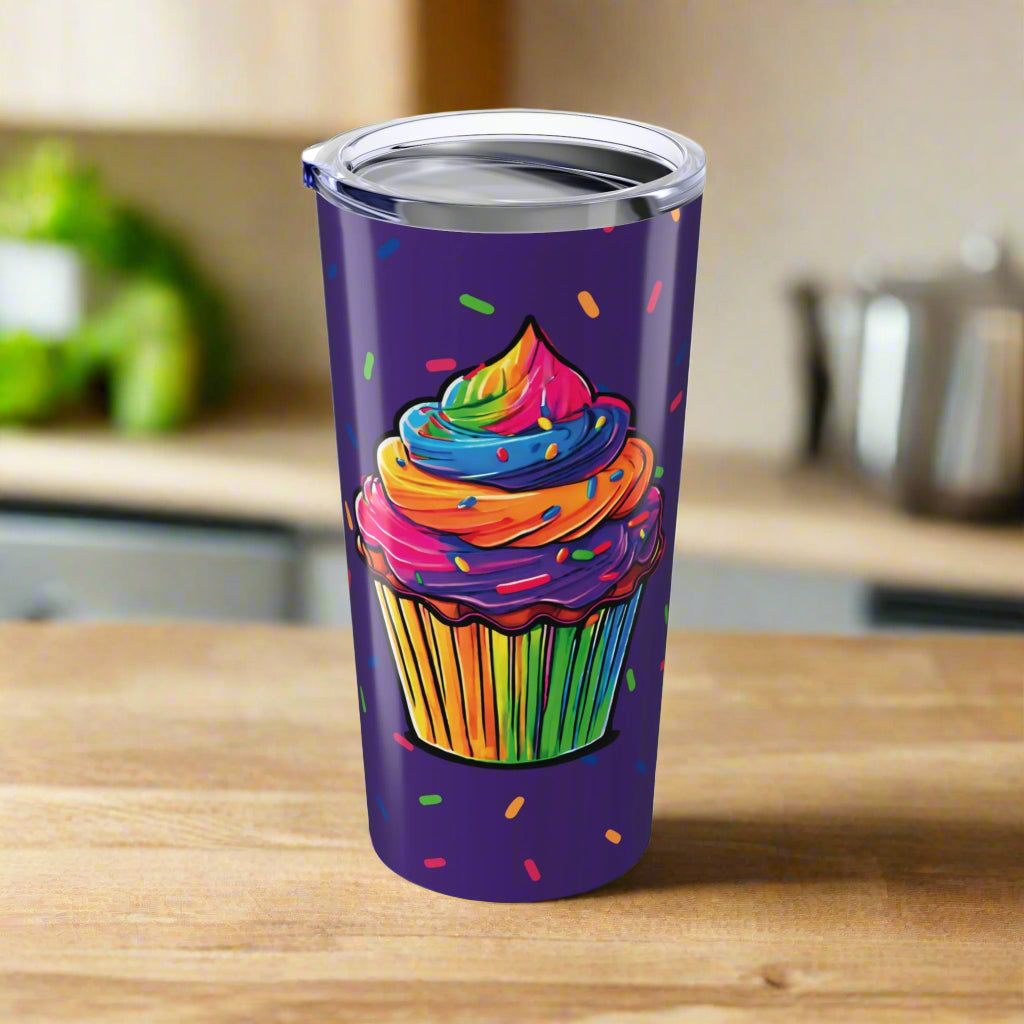 Large Colorful Cupcakes with Sprinkles on Dark Purple Tumbler 20oz Dishwasher Safe