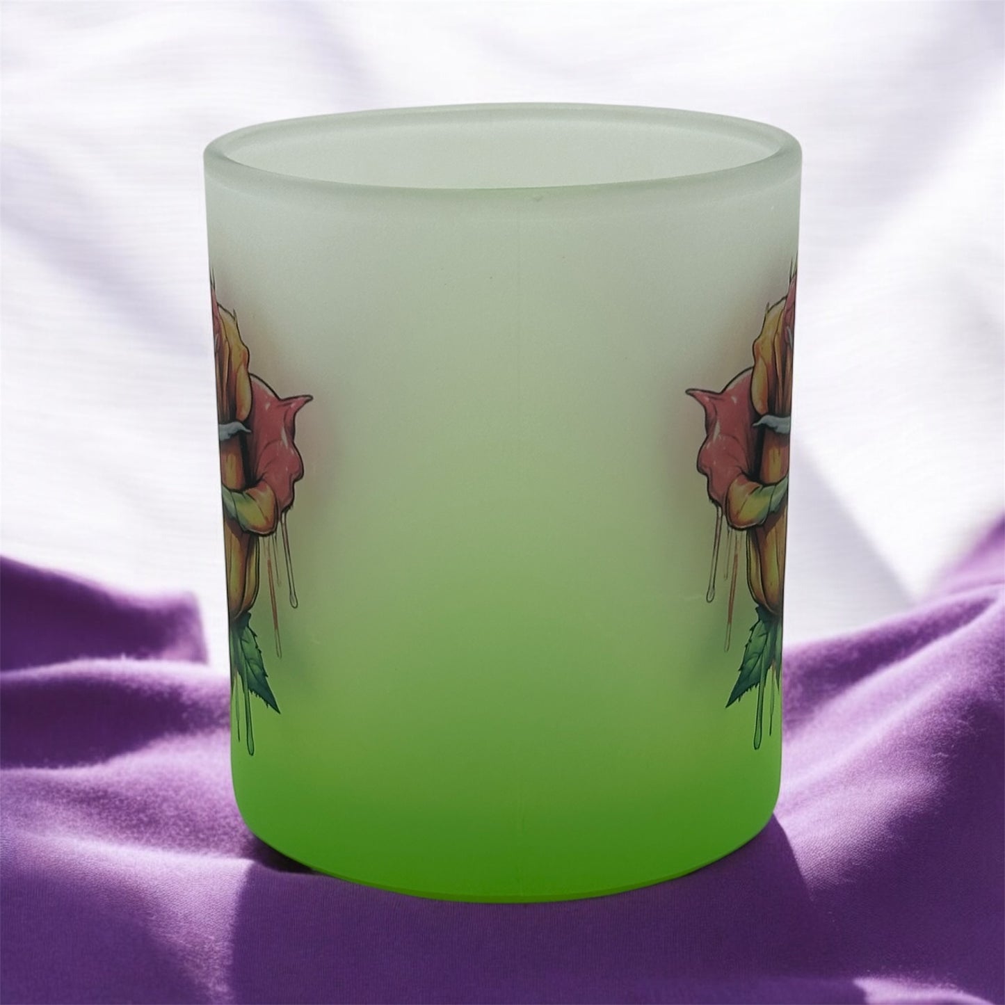 11oz Gradient Green Frosted Glass Mug with Colorful Dripping Rose