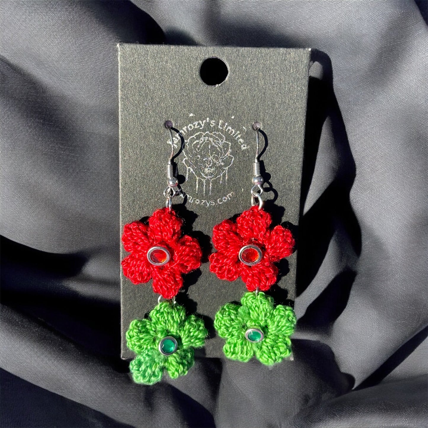 Handmade Red & Green Crocheted Flower Earrings with Jeweled Brads on Sterling silver Hooks