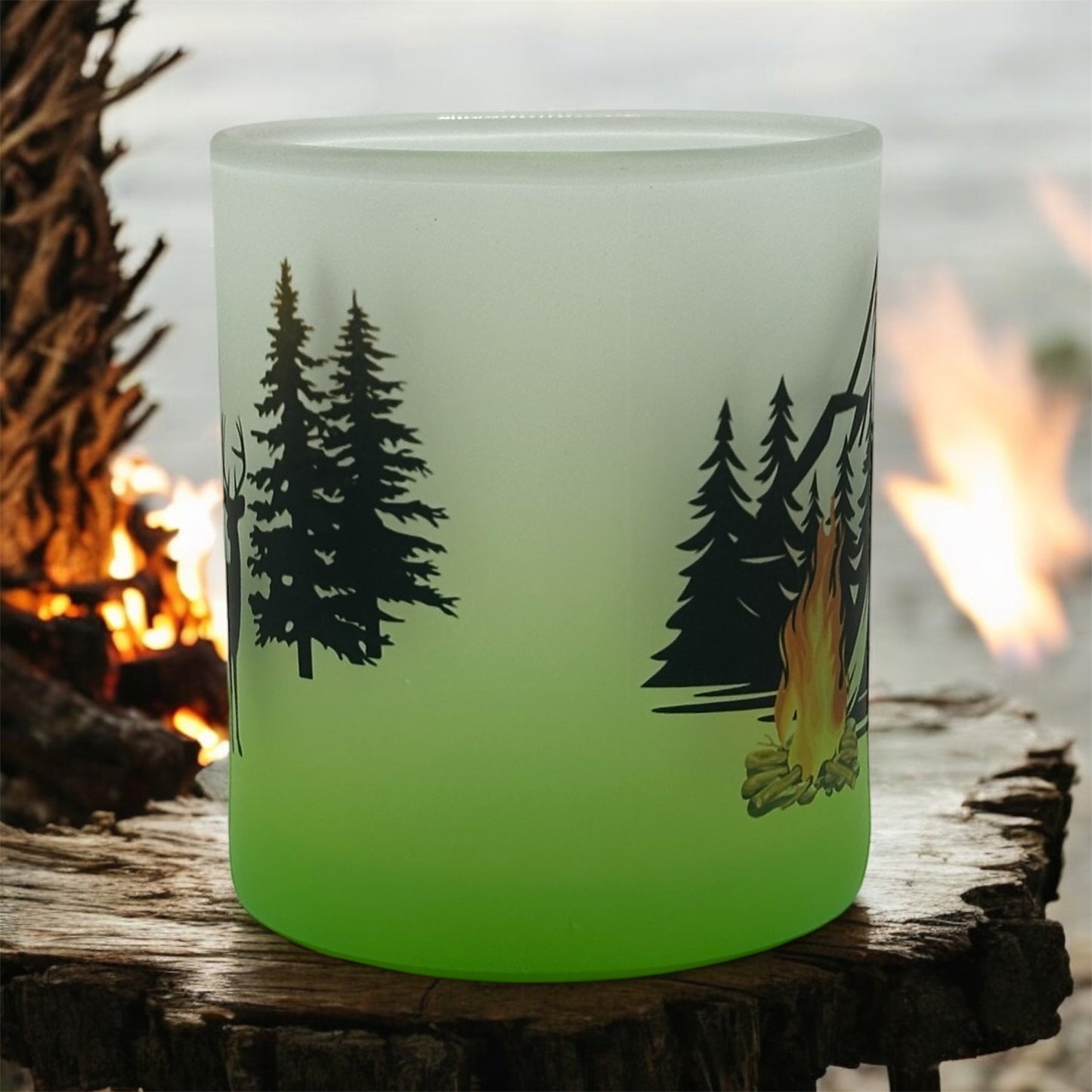11oz Gradient, Green Frosted Glass Mug Camping Scene