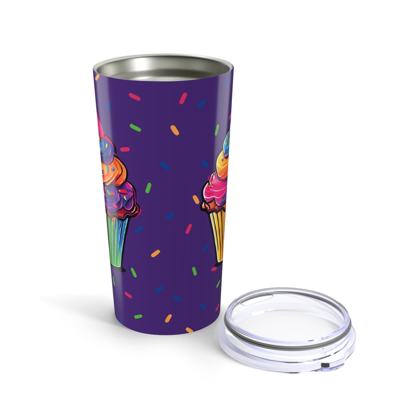 Large Colorful Cupcakes with Sprinkles on Dark Purple Tumbler 20oz Dishwasher Safe