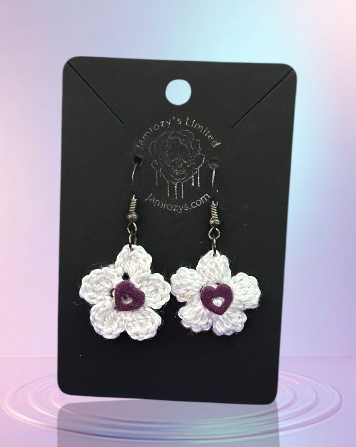 Handmade White Crochet Flower with Purple Velvet Center on Sterling Silver Hooks