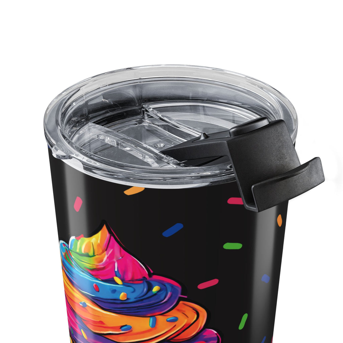 A close-up of a black insulated tumbler with a clear lid and black flip straw, decorated with a colorful swirl of frosting and scattered rainbow sprinkles on a white background.