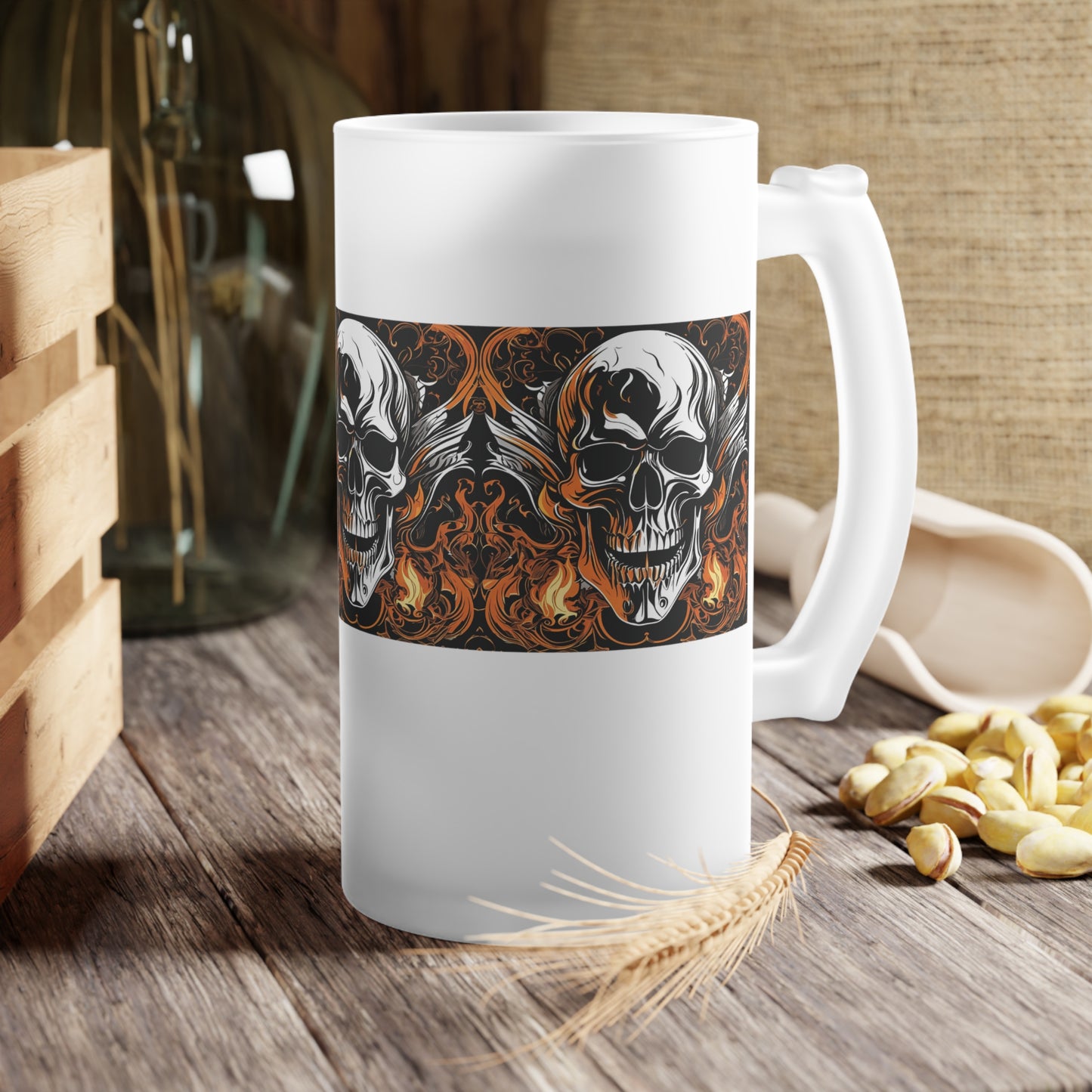 Flaming Skull Frosted Glass Beer Mug