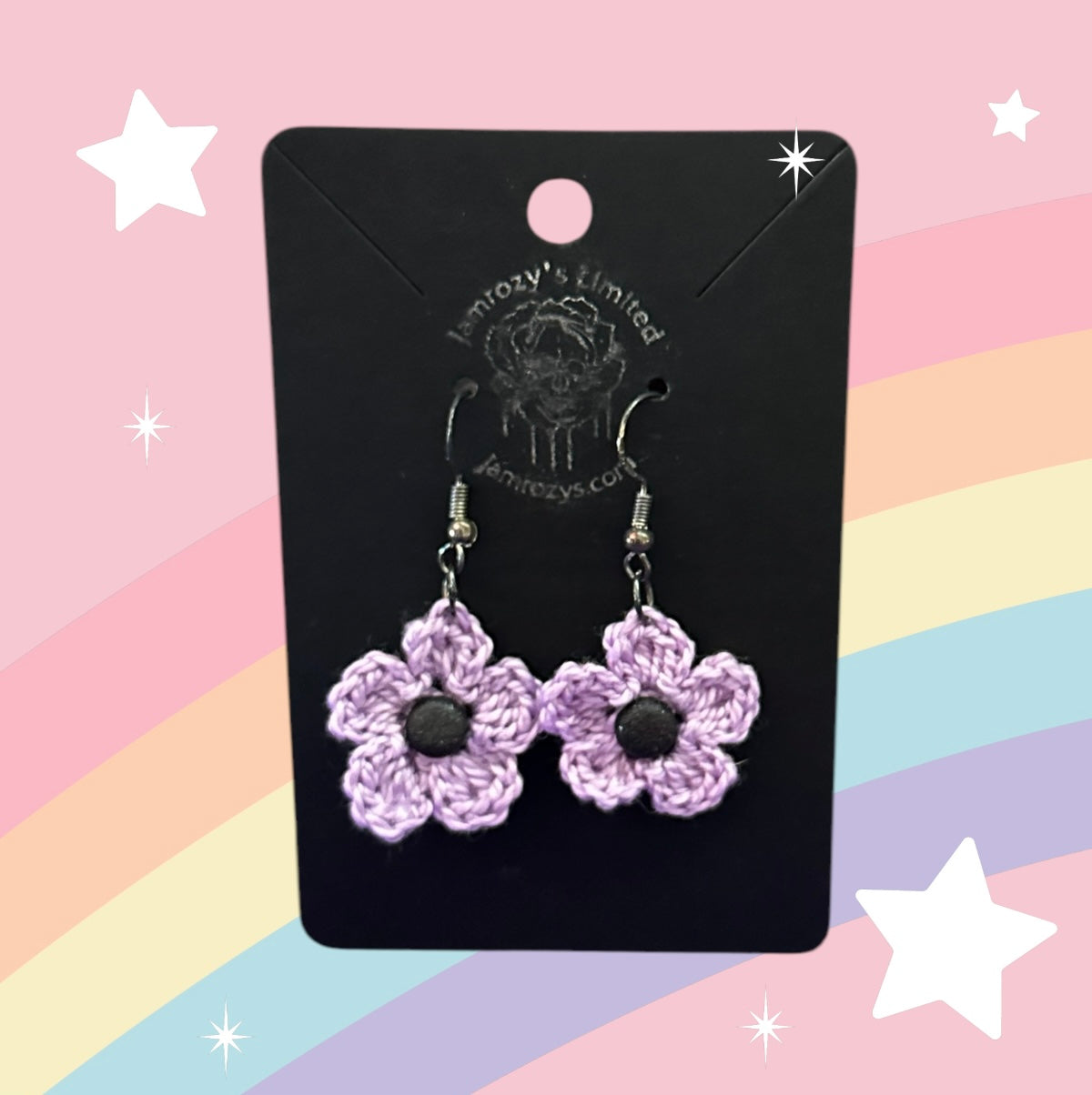 Handmade Crochet Pastel Purple Flower Dangle Sterling Silver