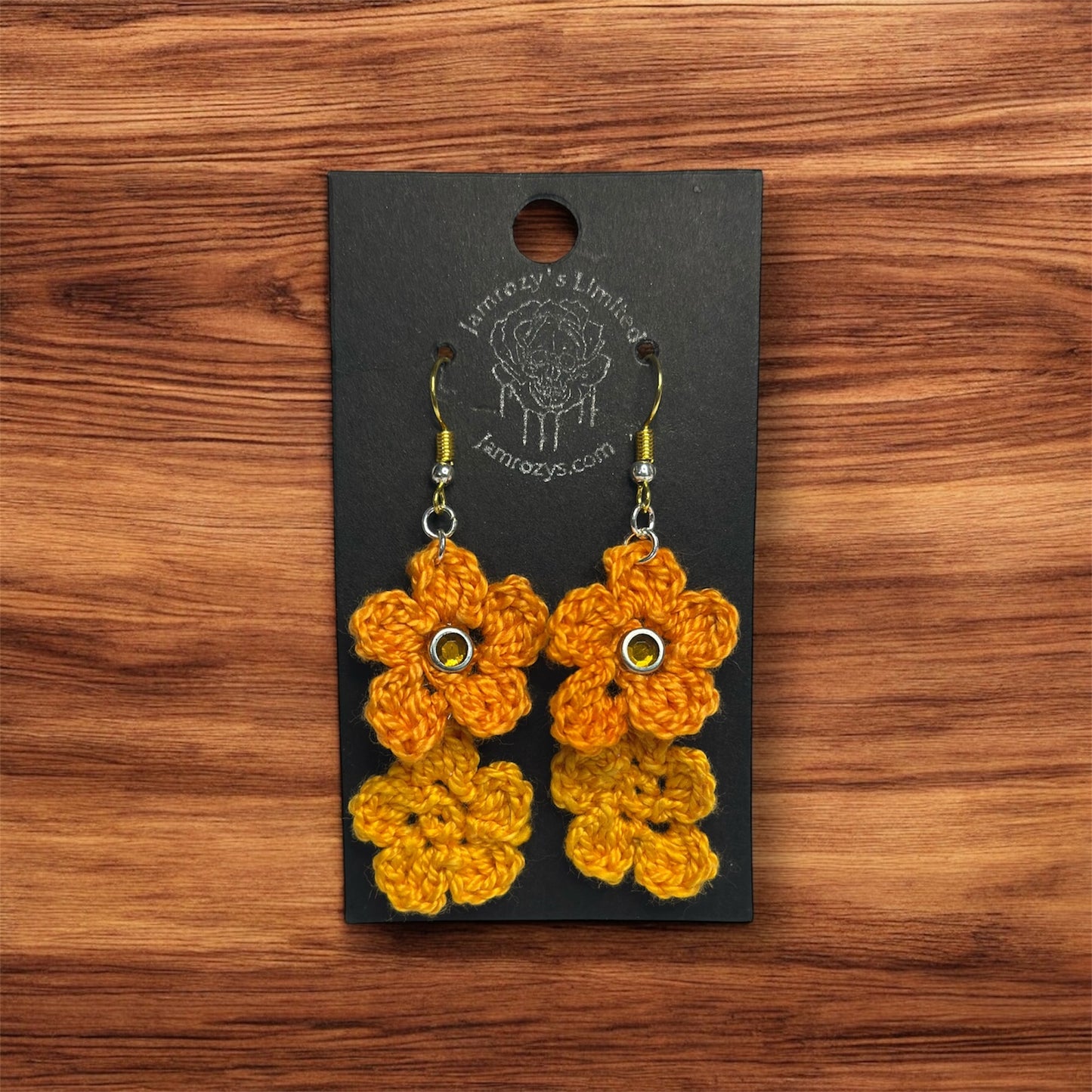 Handmade Fall Festive Crocheted Orange Flowers With Jeweled Brad Accents on 18k Gold Hooks