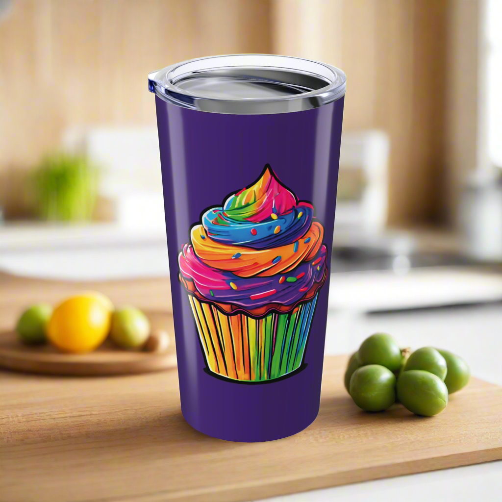Large Colorful Cupcakes on Dark Purple Tumbler 20oz Dishwasher Safe