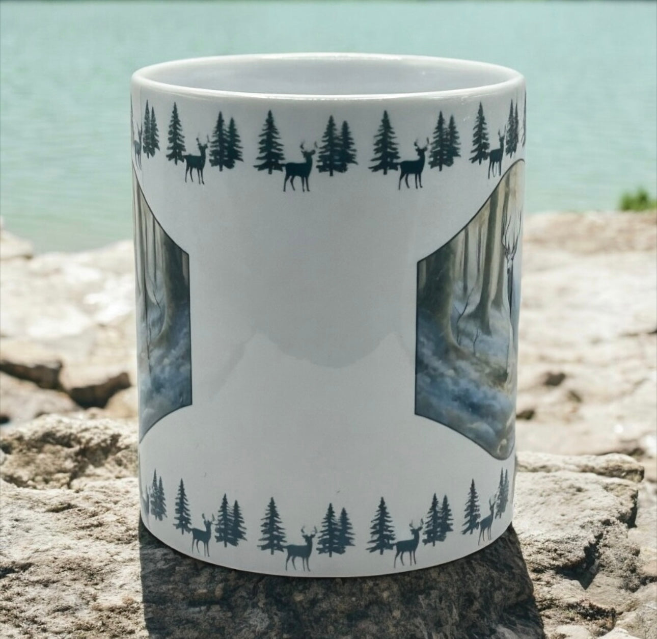 11oz White Ceramic Mug with Blue Deer & Border