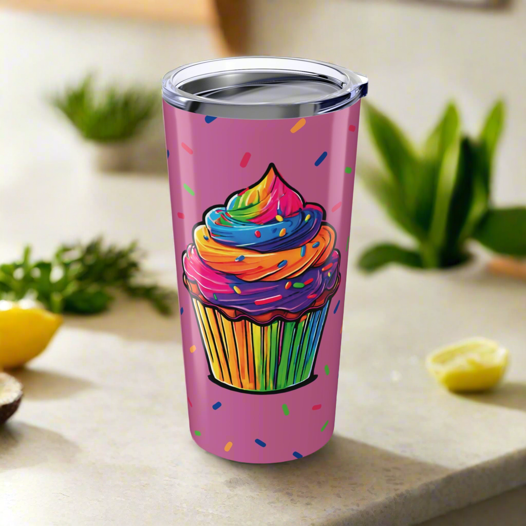 Large Colorful Cupcakes with Sprinkles on Light Pink Tumbler 20oz Dishwasher Safe