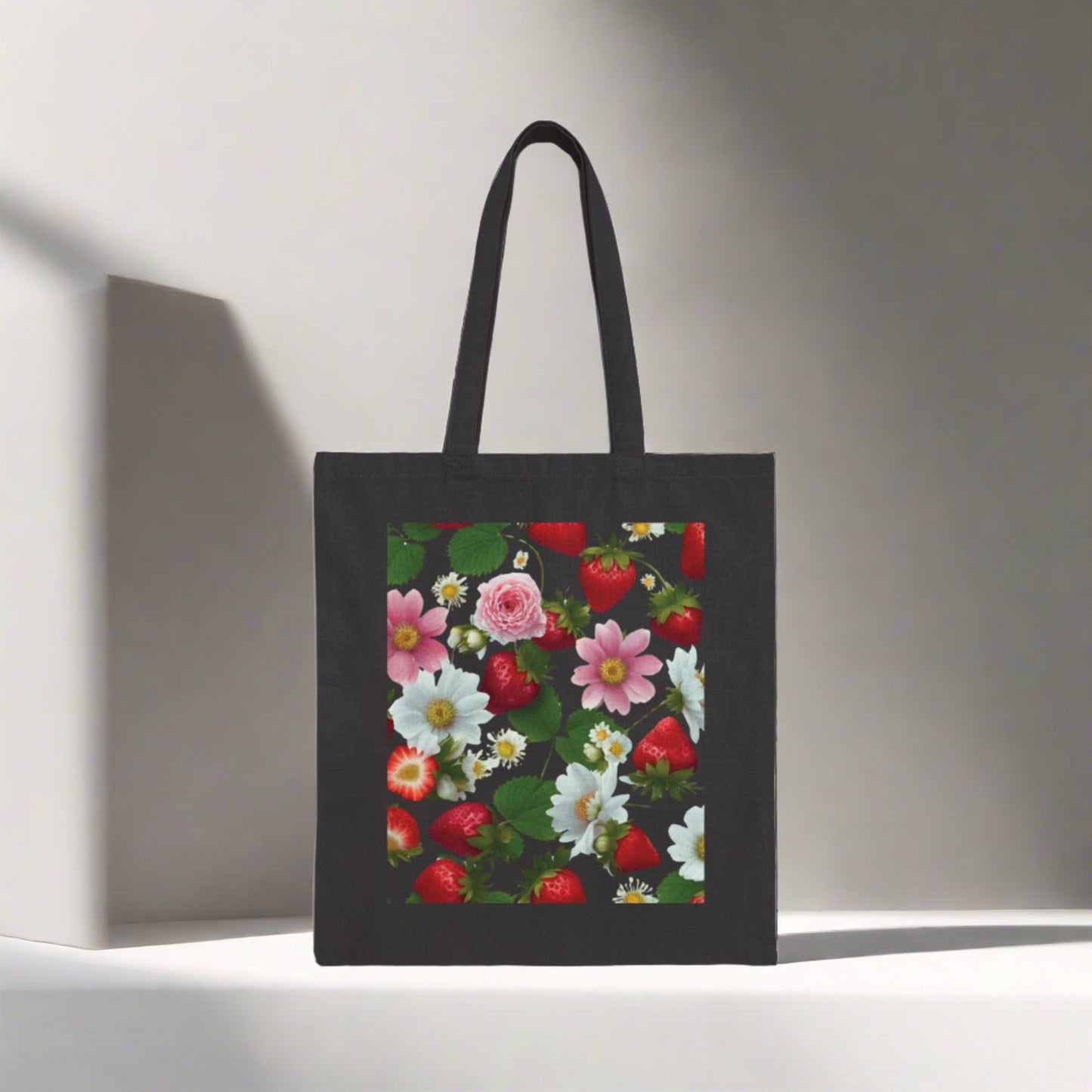 Strawberry Floral Print on Both Sides on Cotton Canvas Tote Bag