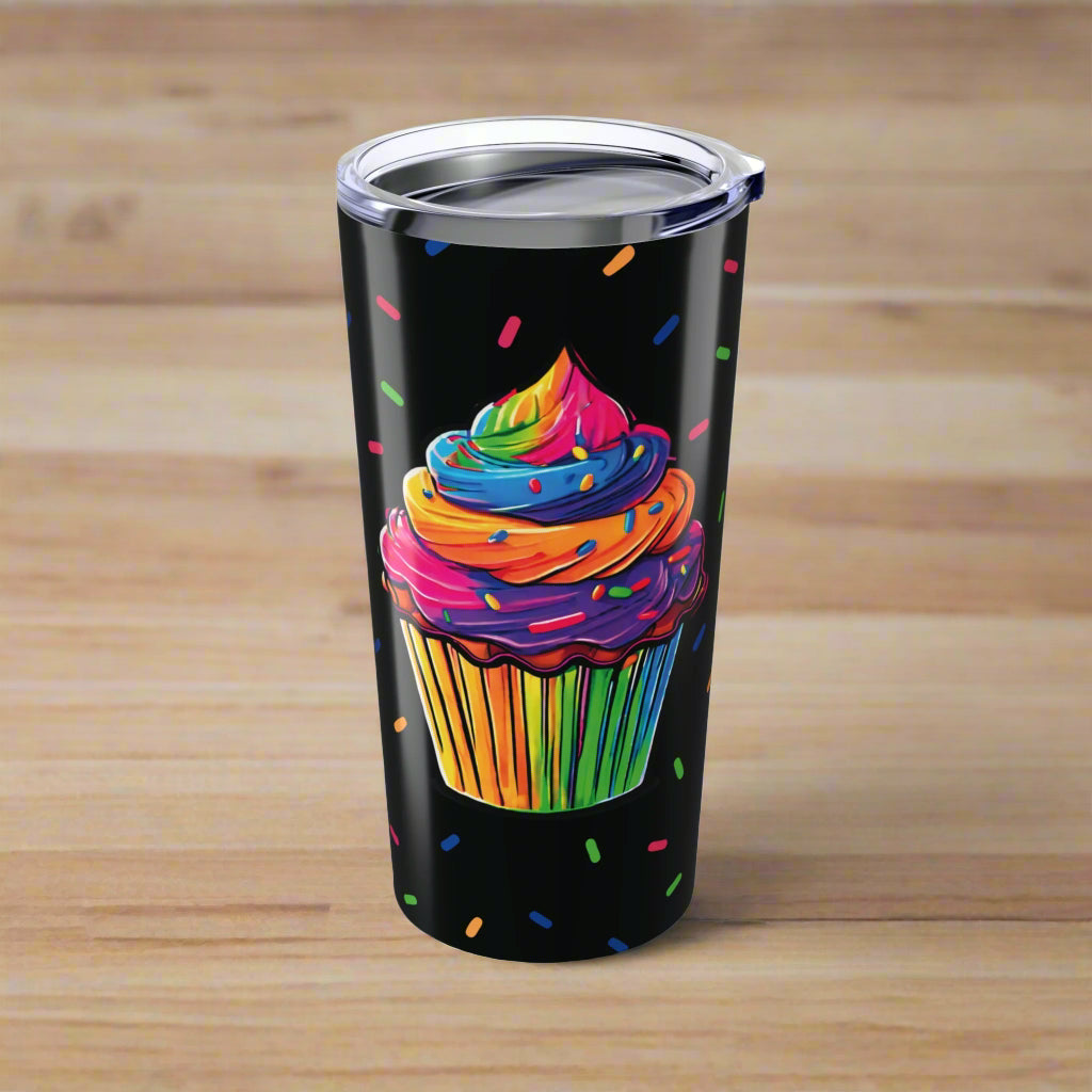 Large Colorful Cupcakes with Sprinkles on Black Tumbler 20oz Dishwasher Safe