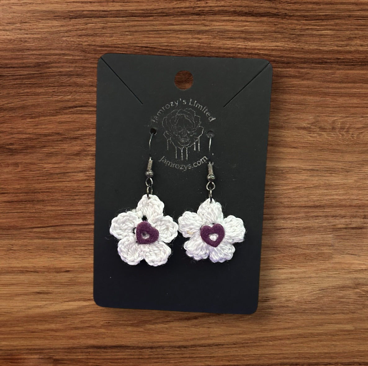 Handmade White Crochet Flower with Purple Velvet Center on Sterling Silver Hooks