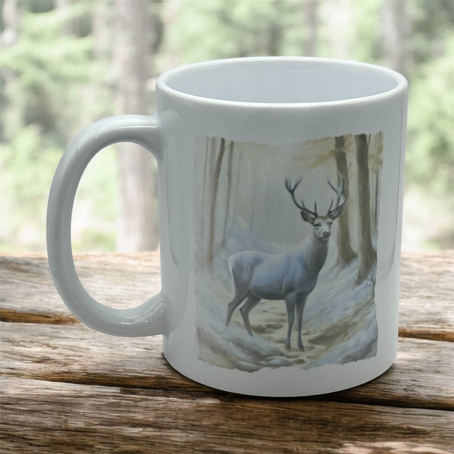 11oz White Ceramic Mug with Blue Deer Winter Wonderland
