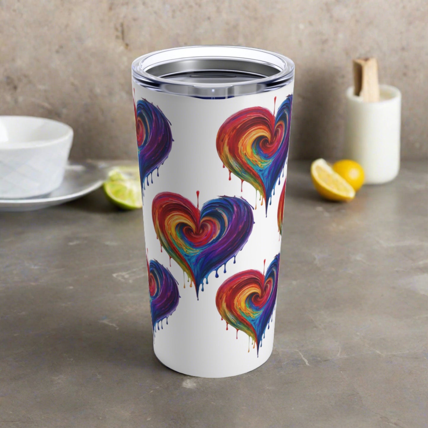 Rainbow Heart Bleeding Colors Tumbler in White 20oz Dishwasher Safe