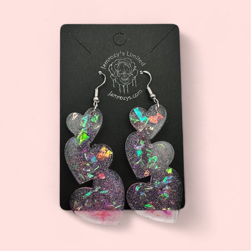 Handmade Triple Pink Glitter & Halo Chunk Hearts Dangle Earrings