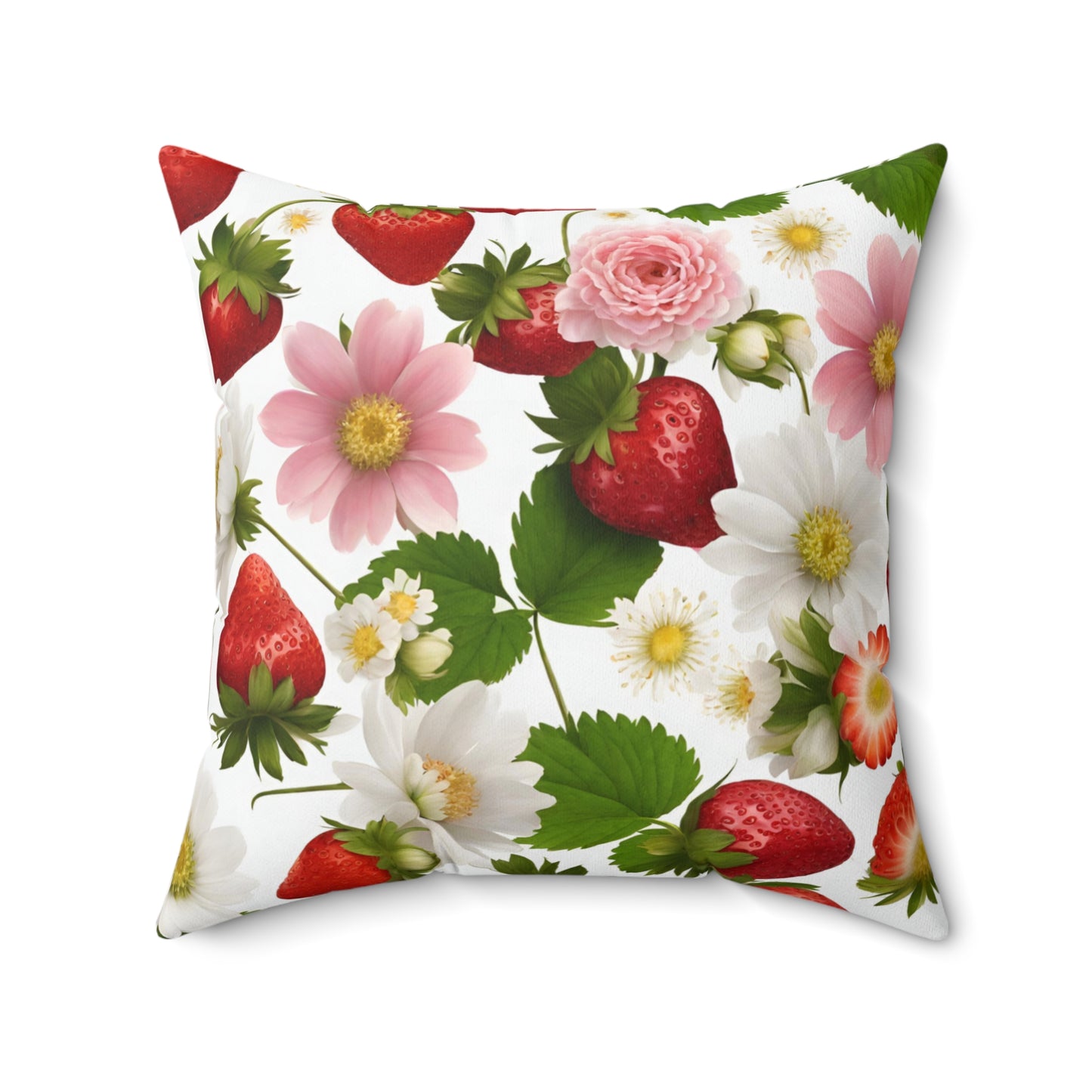 Strawberry Floral Design on Both Sides of Spun Polyester Square Pillow