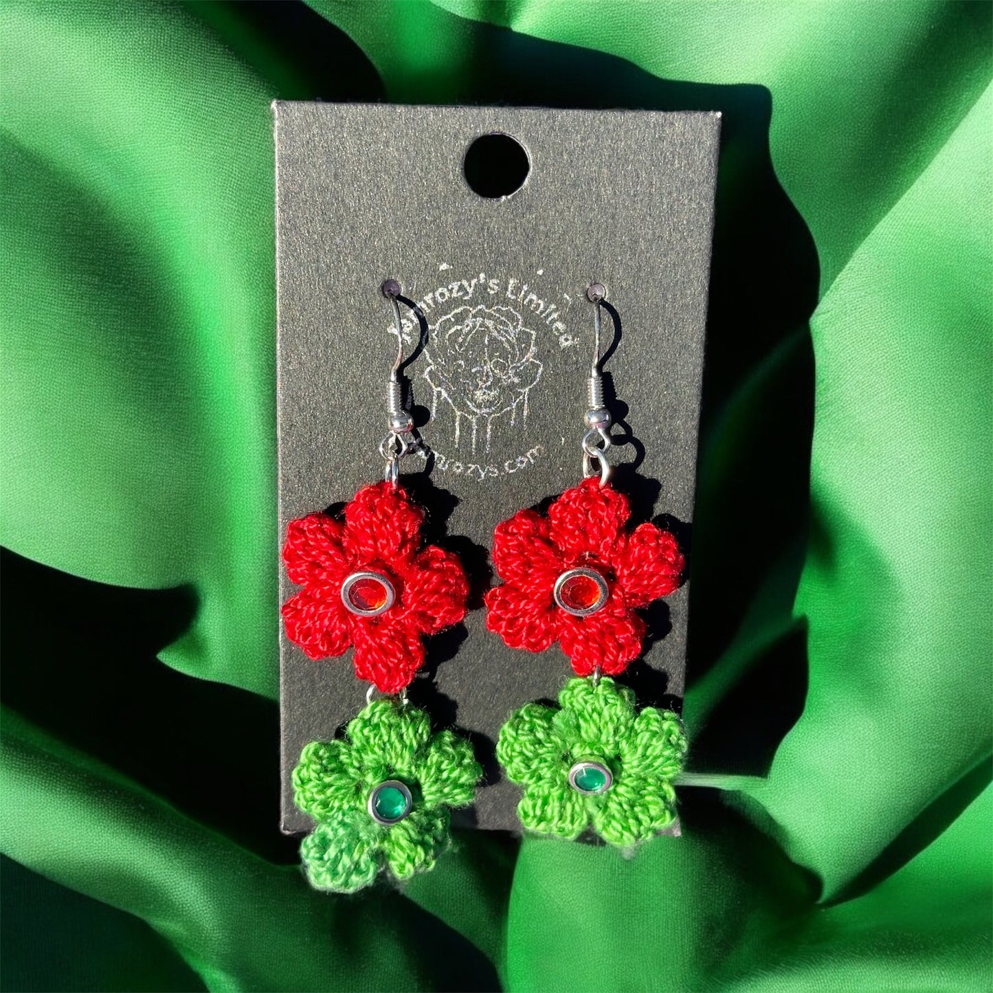 Handmade Red & Green Crocheted Flower Earrings with Jeweled Brads on Sterling silver Hooks