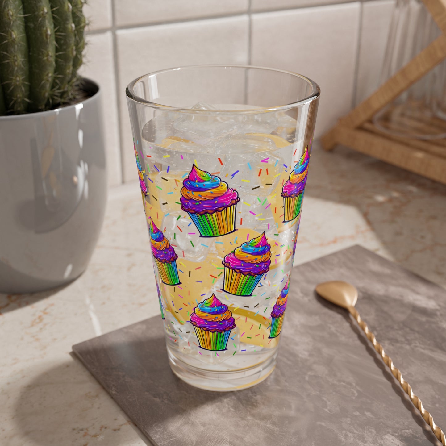 Cupcakes Mixing Glass, 16oz Pint Glass- 90's Nostalgia Neon
