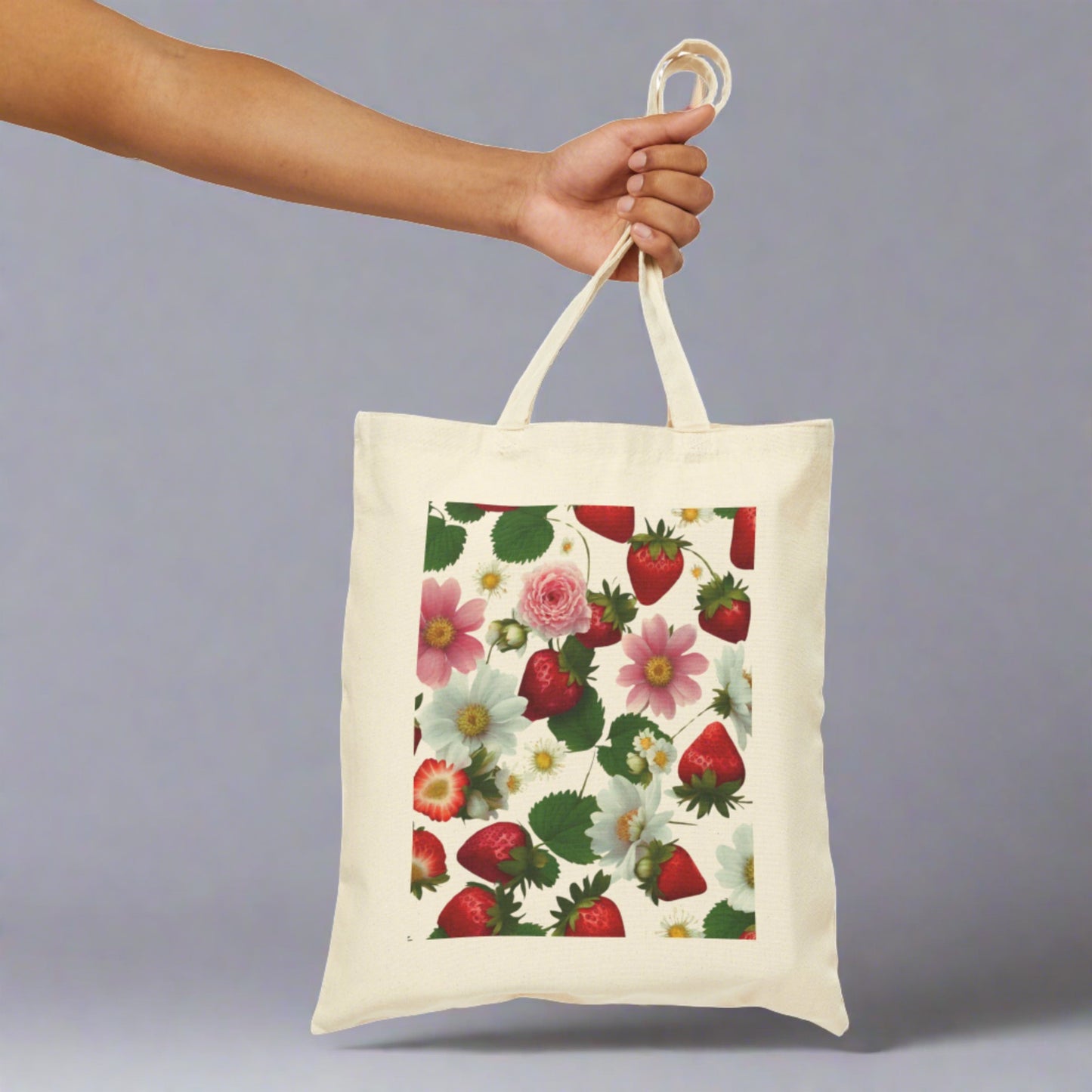 Strawberry Floral Print on Both Sides on Cotton Canvas Tote Bag