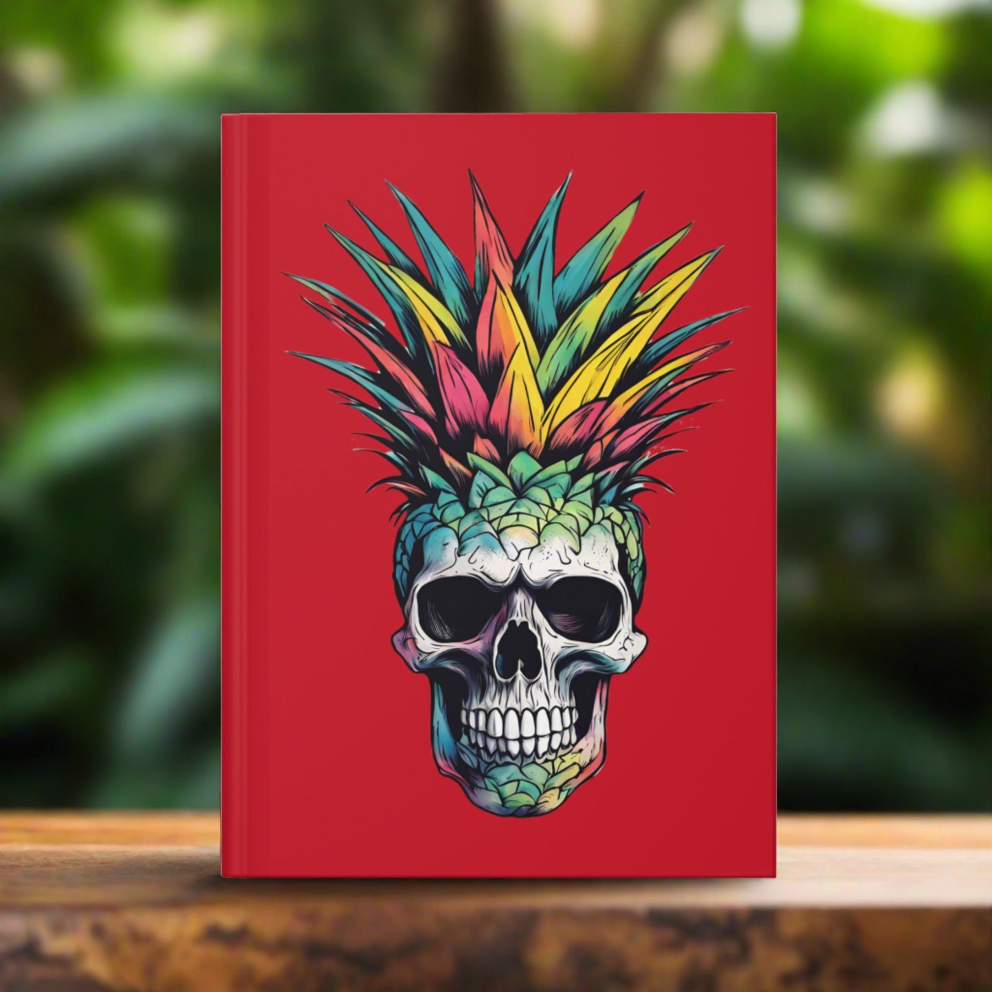 Colorful Pineapple Skull on Red Hardcover Journal Matte