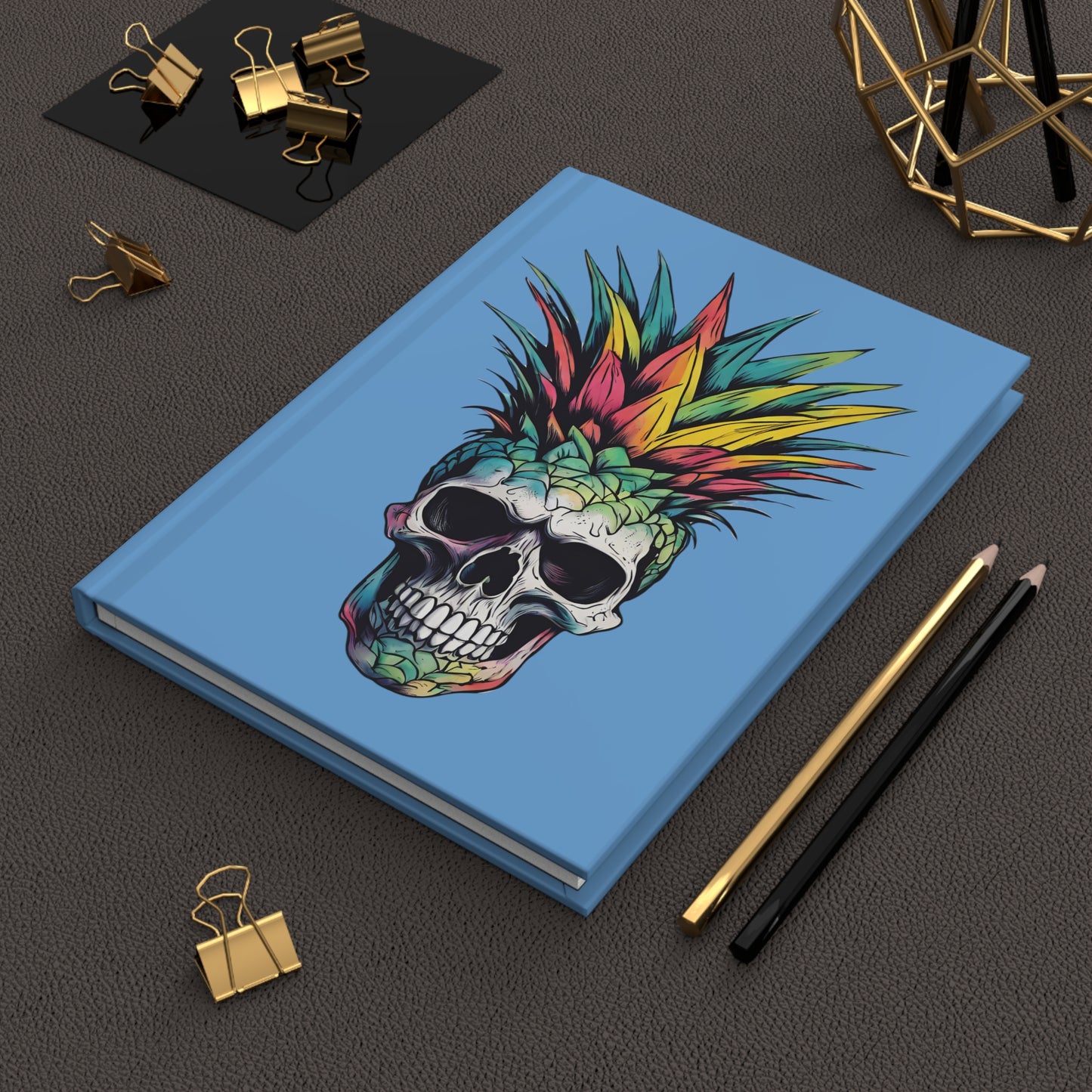 Colorful Pineapple Skull on Light Blue Hardcover Journal Matte