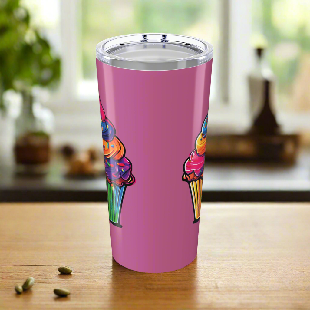Large Colorful Cupcakes on Light Pink Tumbler 20oz Dishwasher Safe